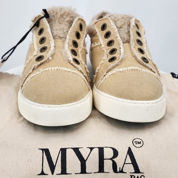 MYRA BAG Fancy Tan Canvas Faux Fur Lined Slip On Sneakers Casual Shoes 7 NWT - Picture 7 of 11